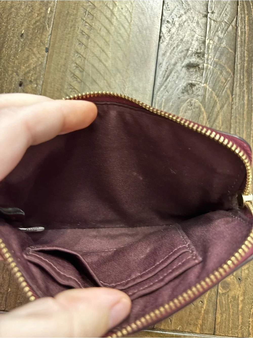 Coach Pebbled Leather Wristlet in Metallic Burgundy